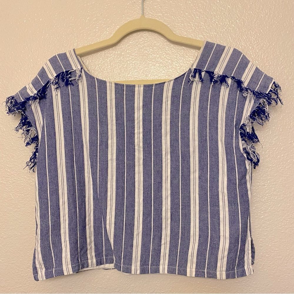 Tularose Revolve blue stripe frayed shirt blouse short sleeve crop coastal top S